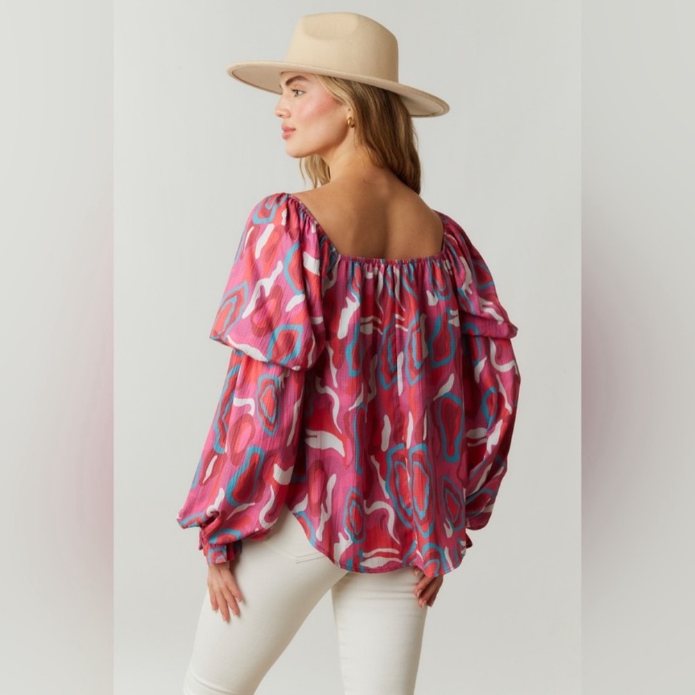 Fantastic Fawn Gathered Puff Sleeve Multi Color Blouse Pink White Teal Medium - Picture 3 of 10